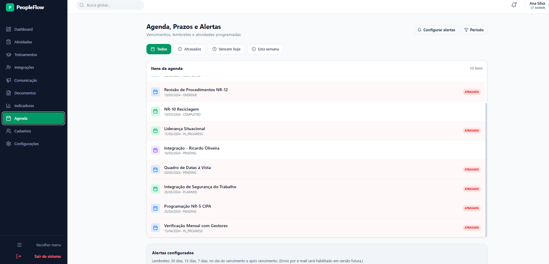 PeopleFlow RH — Agenda e prazos unificados