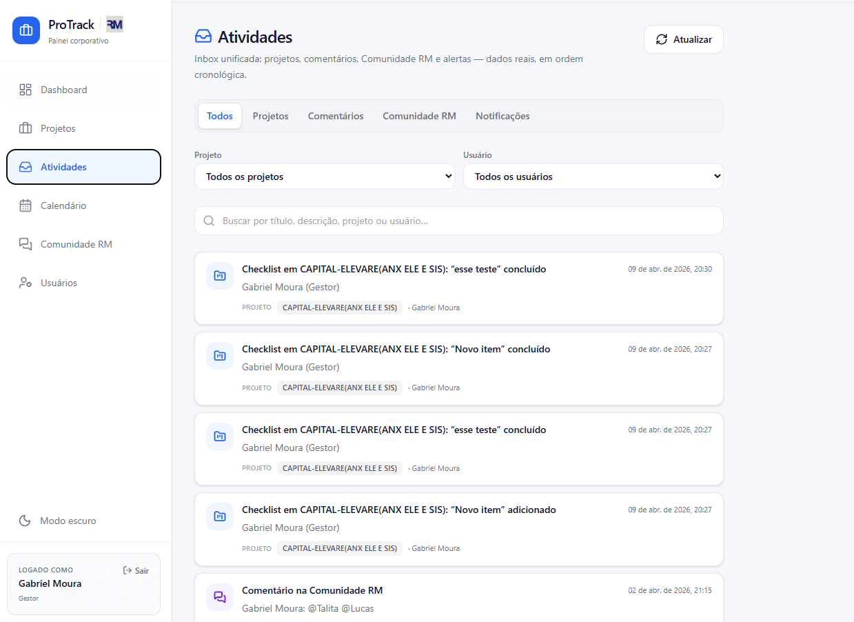 ProTrack — Feed de atividades e notificações