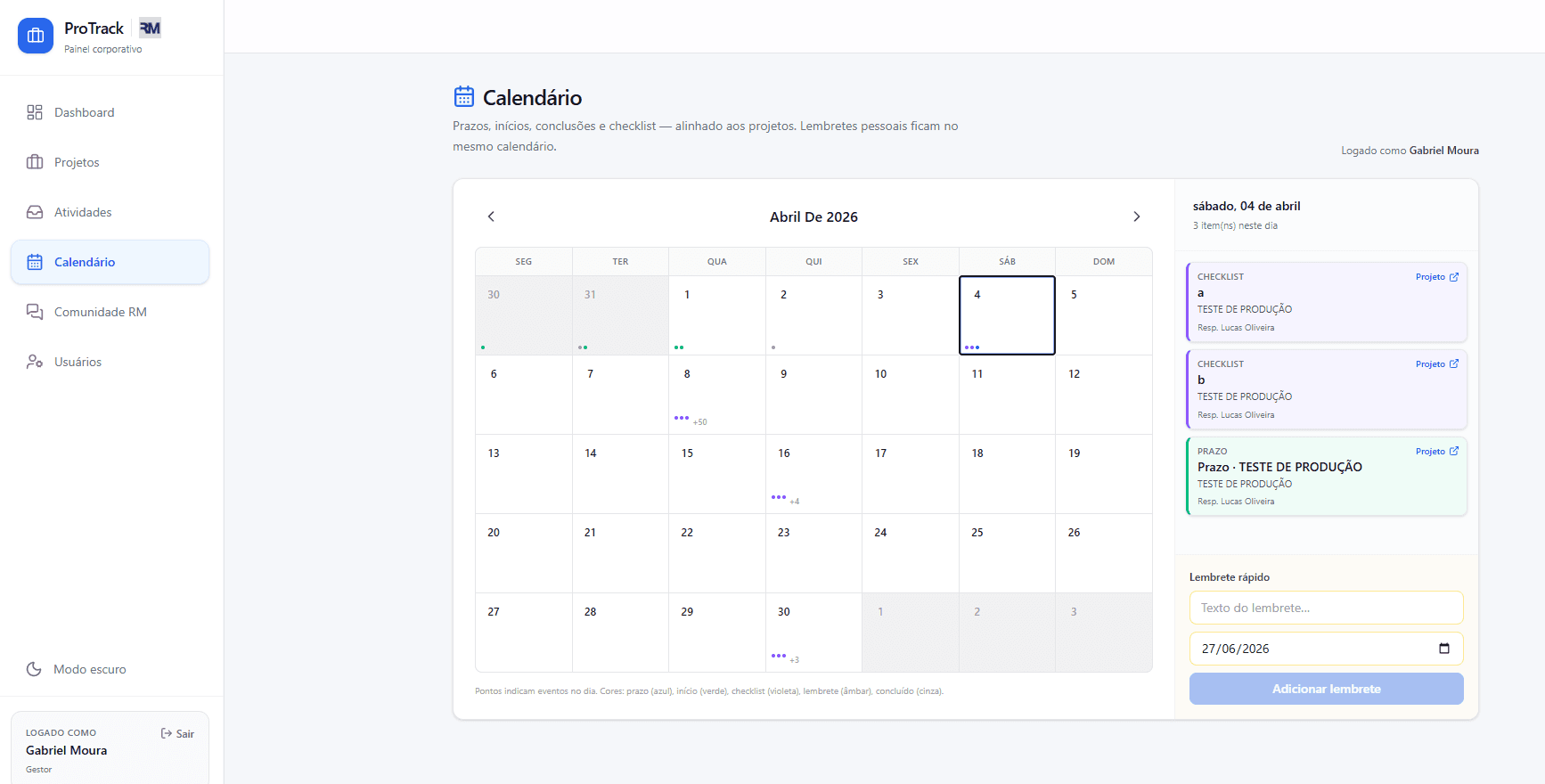 ProTrack — Calendário de prazos e entregas