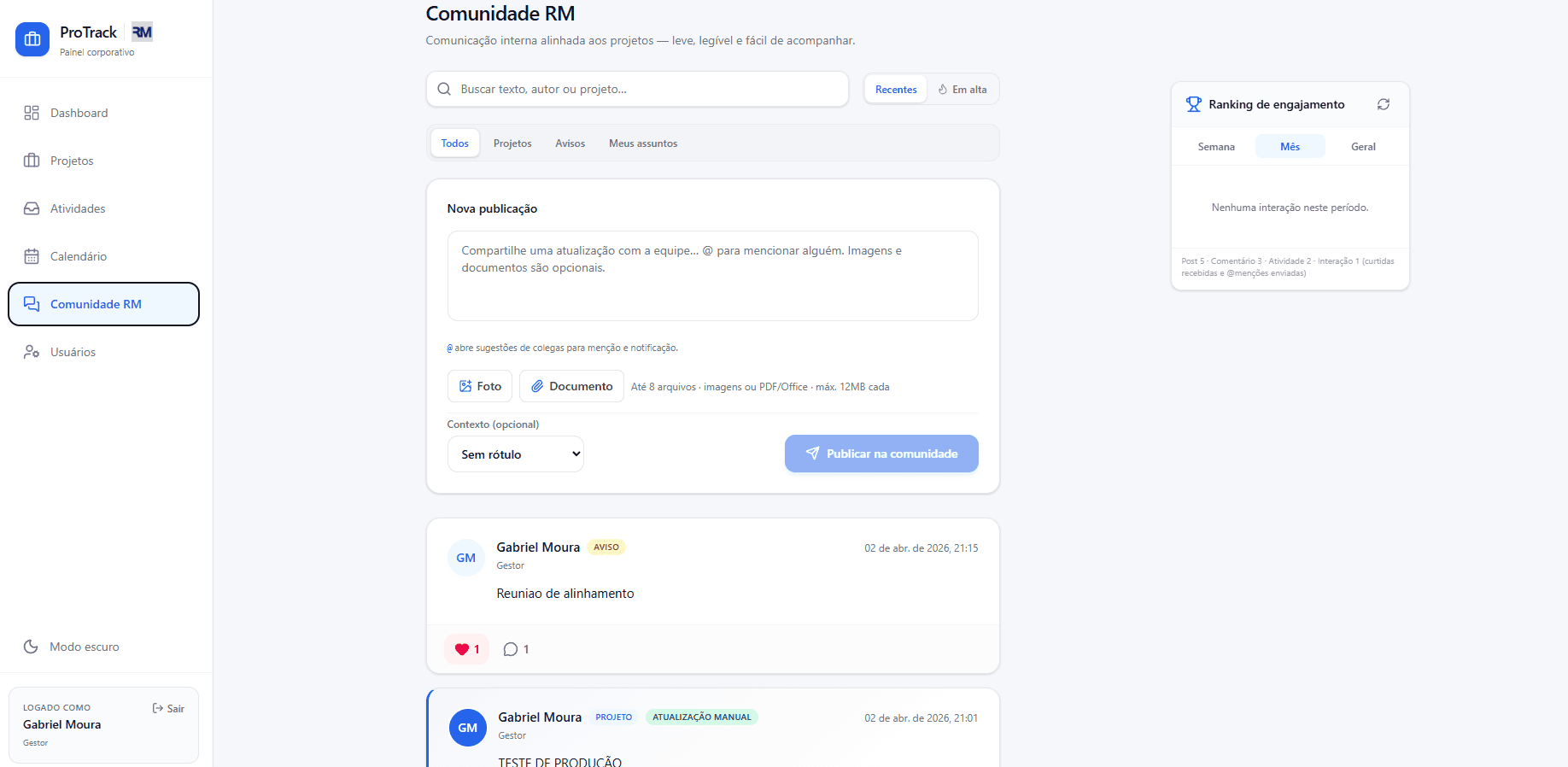 ProTrack — Comunidade interna da empresa