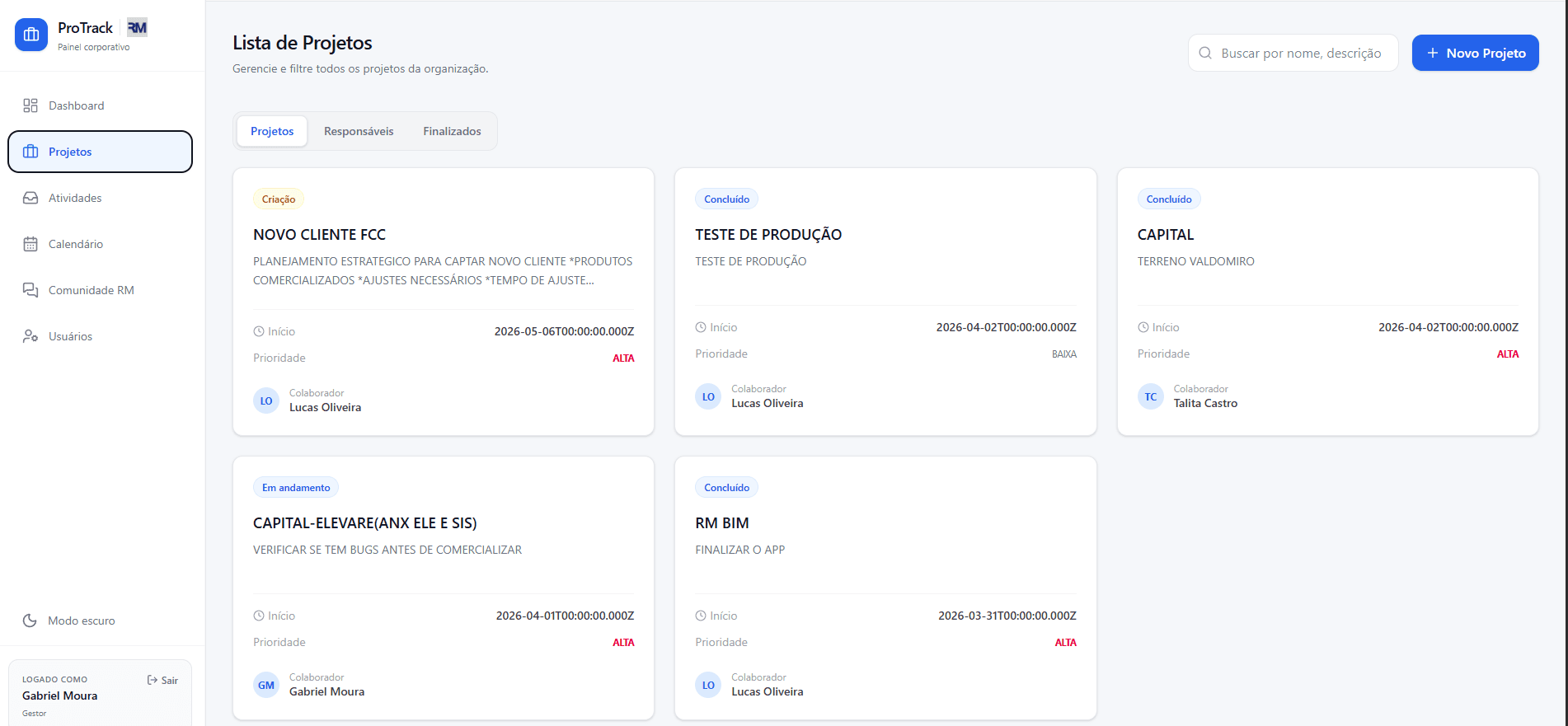 ProTrack — Lista e detalhes de projetos