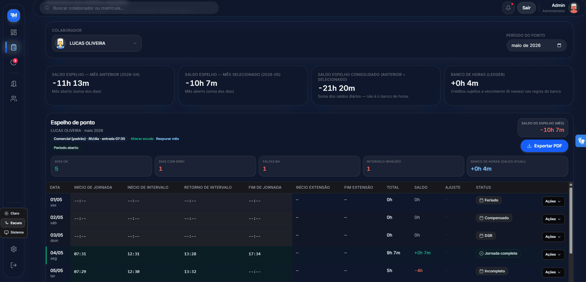 TimeTrack — Página de acertos de ponto