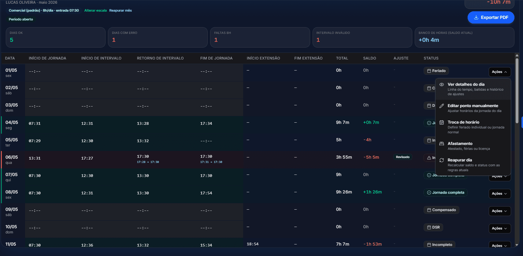 TimeTrack — Opções de ajustes de ponto