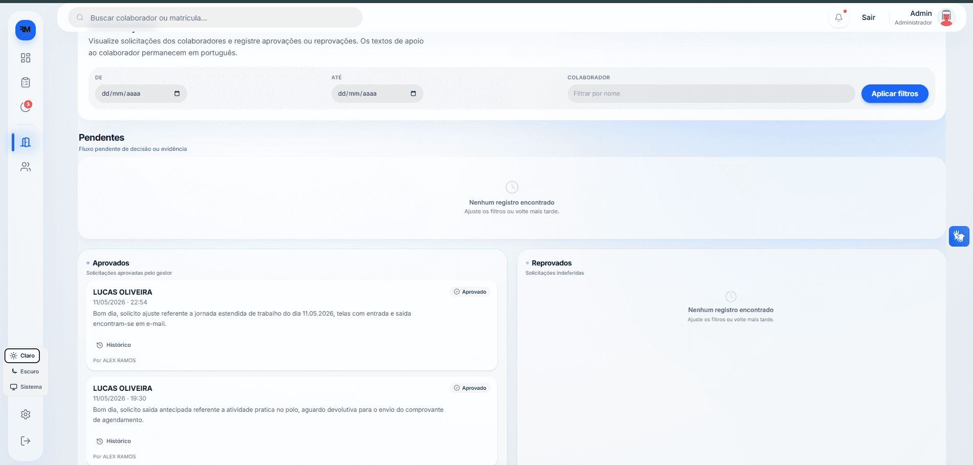 TimeTrack — Tela de solicitações do colaborador